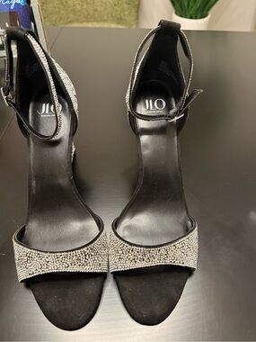 Jennifer Lopez Black and Silver Rhinestone Ankle-Strap Block Heels
